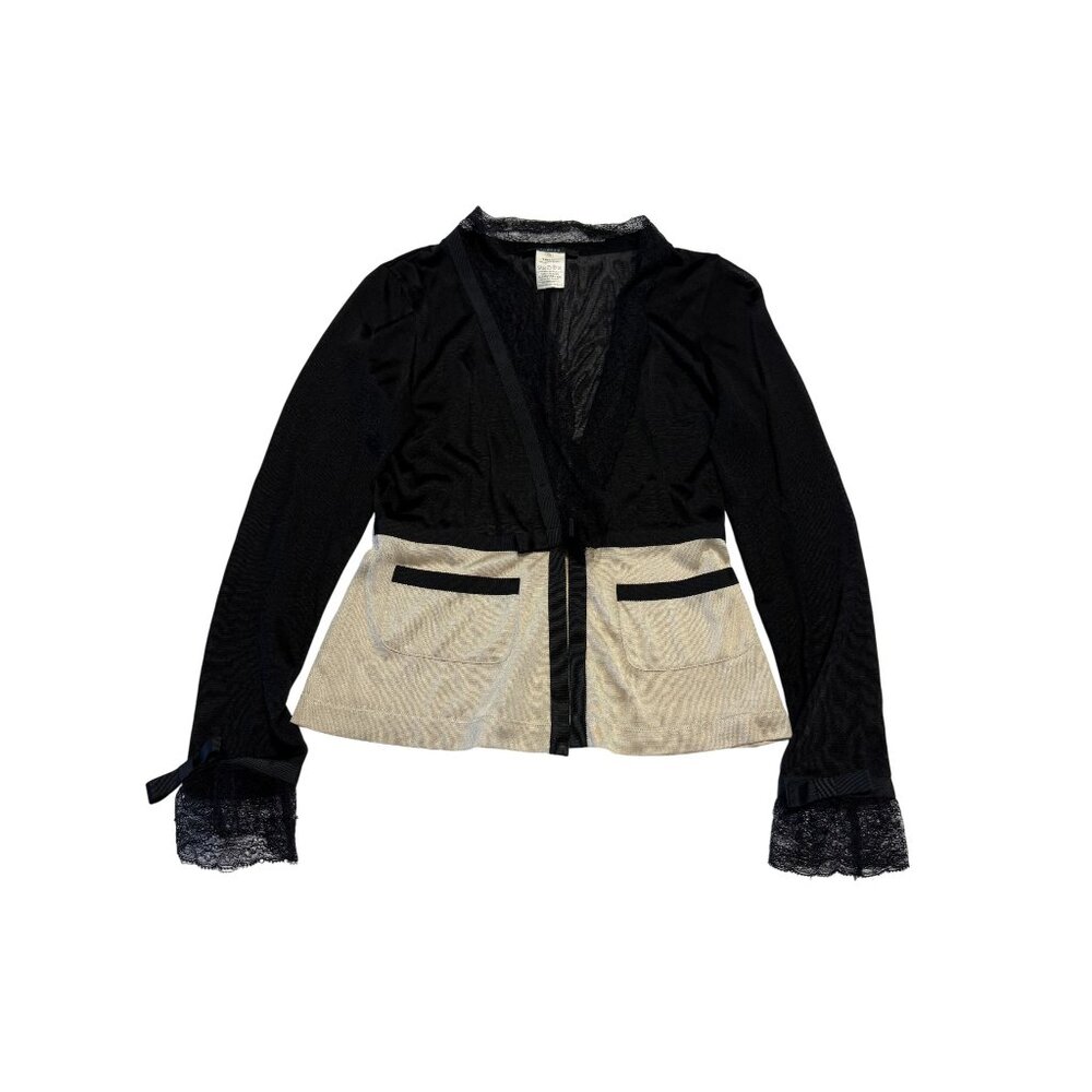 TOMASO Italy Black Ivory Lace Trim V-Neck Cardigan Blouse Women's 42